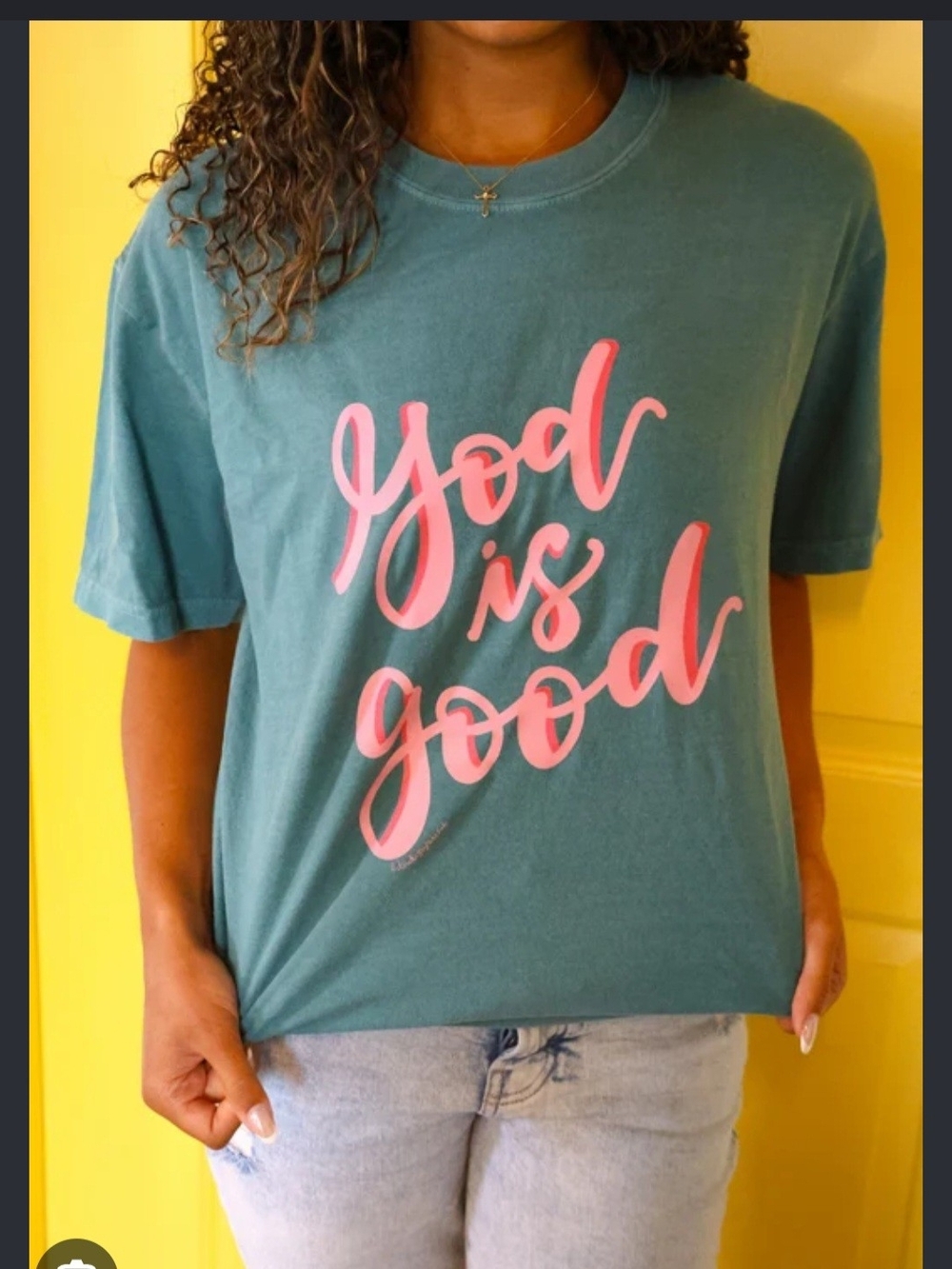 Comfort Colors God Is Good Graphic Tee - Teal with Pink Script Size Large